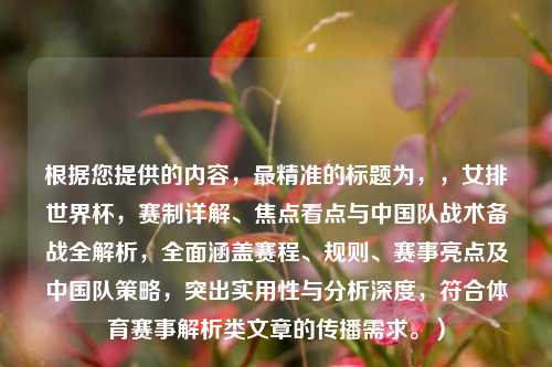 根据您提供的内容,最精准的标题为,,女排世界杯,赛制详解、焦点看点与中国队战术备战全解析,全面涵盖赛程、规则、赛事亮点及中国队策略,突出实用性与分析深度,符合体育赛事解析类文章的传播需求。)