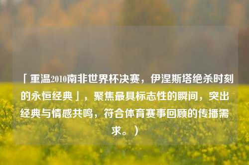「重温2010南非世界杯决赛，伊涅斯塔绝杀时刻的永恒经典」，聚焦最具标志性的瞬间，突出经典与情感共鸣，符合体育赛事回顾的传播需求。）