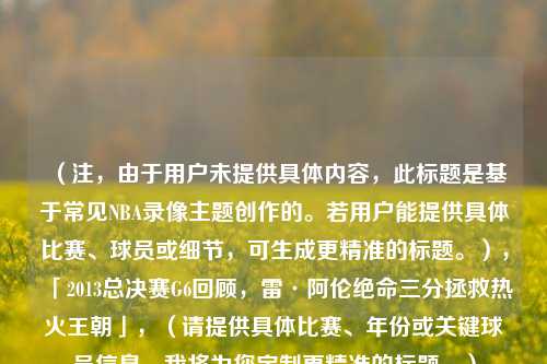 (注,由于用户未提供具体内容,此标题是基于常见NBA录像主题创作的。若用户能提供具体比赛、球员或细节,可生成更精准的标题。),「2013总决赛G6回顾,雷·阿伦绝命三分拯救热火王朝」,(请提供具体比赛、年份或关键球员信息,我将为您定制更精准的标题。)