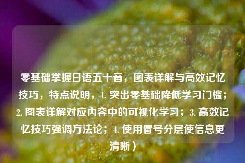 零基础掌握日语五十音，图表详解与高效记忆技巧，特点说明，1. 突出零基础降低学习门槛；2. 图表详解对应内容中的可视化学习；3. 高效记忆技巧强调方法论；4. 使用冒号分层使信息更清晰）